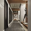 Modern Hotel Corridor Design With Wooden Ceiling Sculptures Artworks And Elegant Lighting