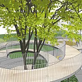 Outdoor Children's Play Area With Spiral Structure Trees Green Lawn And Railings