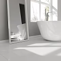 Modern White Bathroom Interior With Sink Vanity Bathtub Mirror Bench And Natural Light