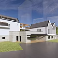 White Modern School Building Exterior With Balconies Grassland Water Trees And Blue Sky