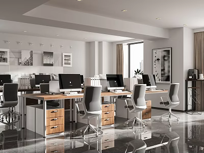 Modern Open Office Interior With Multiple Workstations Desks Computers And Chairs 3d model