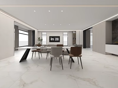 Bright Modern Minimalist Living Room With Marble Floor And Stylish Open Dining Space Layout 3d model