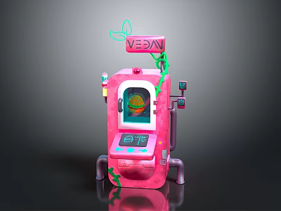 Pink Vegan Vending Machine With Screen Displaying Burger And Vine Decorations 3d model
