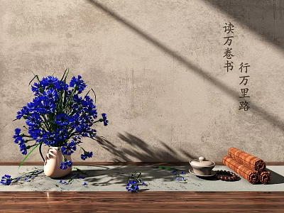 Blue Flowers in Ceramic Vase with Scrolls Tea Set on Wooden Surface and Textured Wall 3d model