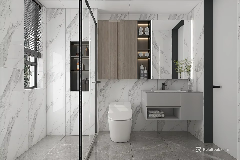 Modern Bathroom Interior With Marble Walls Glass Shower Wooden Cabinets And Smart Toilet 3d model 
