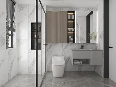 Modern Bathroom Interior With Marble Walls Glass Shower Wooden Cabinets And Smart Toilet 3d model
