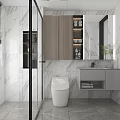 Modern Bathroom Interior With Marble Walls Glass Shower Wooden Cabinets And Smart Toilet