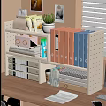 Home Office Perforated Shelf With Colored Binders Potted Plant Books Drawers And Coffee Cup
