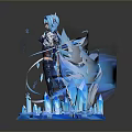 Blue Haired Character And Ice Creature Surrounded By Snowflakes And Crystal Pedestal