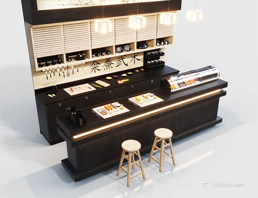 Japanese Wooden Bar Counter Interior With Wine Racks Hanging Lights And Stools 3d model 