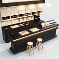 Japanese Wooden Bar Counter Interior With Wine Racks Hanging Lights And Stools