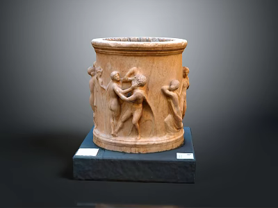 Carved Cylindrical Household Decor Item Featuring Human Figure Relief On Black Stone Base 3d model