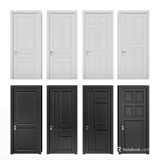 White and Black Hinged Doors with Various Panel Designs for Home Interior 3d model