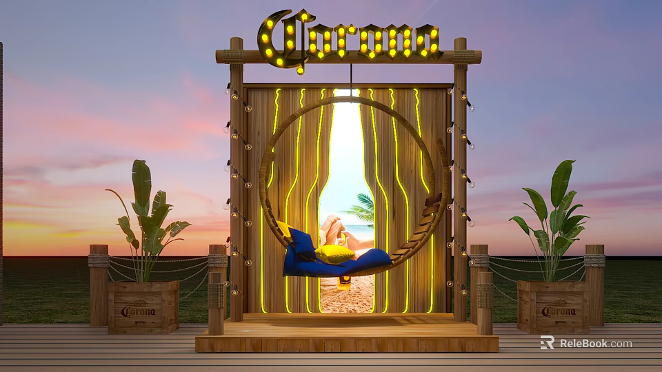 Garma Bar With Neon Sign Circular Swing Wooden Structure And Sunset Backdrop 3d model 