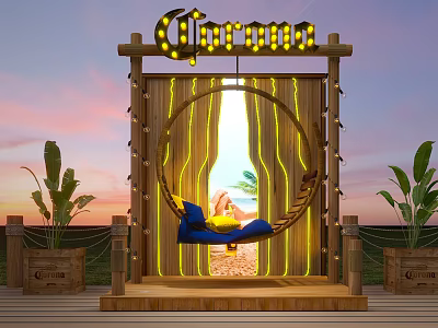 Garma Bar With Neon Sign Circular Swing Wooden Structure And Sunset Backdrop 3d model