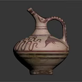 Ancient Earthenware Jug With Dolphin Motif Pink Red Patterns Curved Spout And Decorative Handle