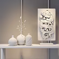 Traditional Style Decorative Ornament Set with Black Vases and Green Carved Panel on Wooden Shelf