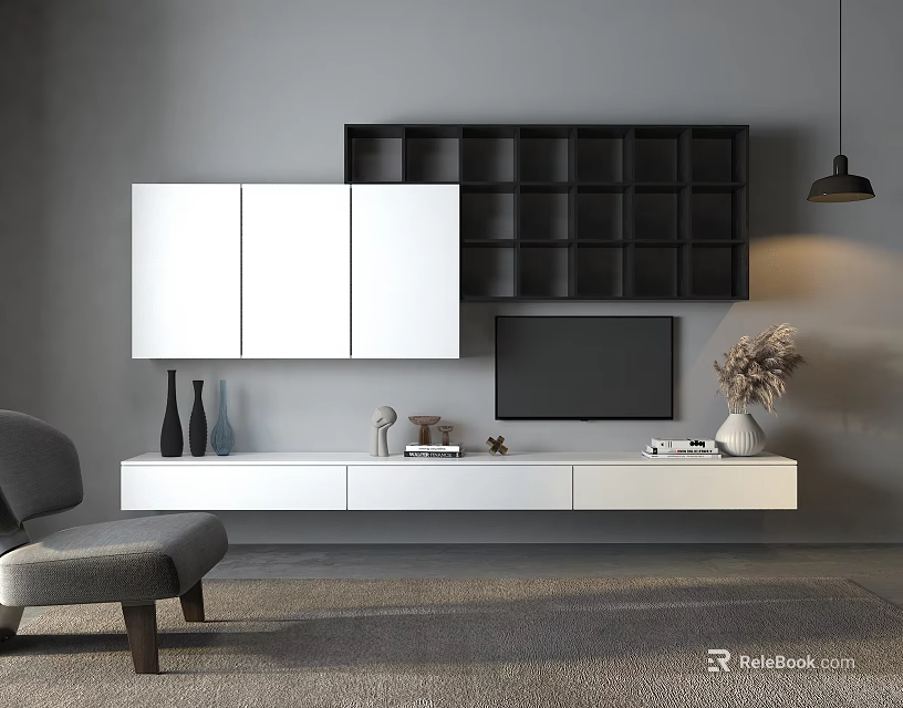 Modern TV Stand With White Cabinets Black Grid Shelf TV And Decorative Items 3d model 