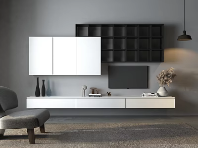 Modern TV Stand With White Cabinets Black Grid Shelf TV And Decorative Items 3d model