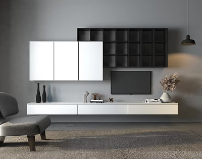 Modern TV Stand With White Cabinets Black Grid Shelf TV And Decorative Items 3d model