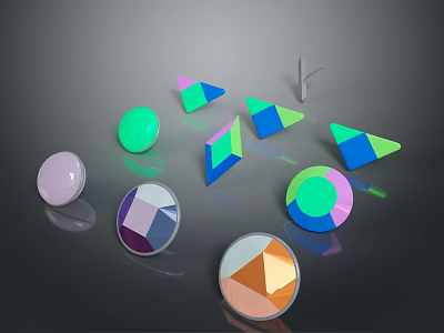 Stone And Wood Geometric Decor Pieces With Colorful Multifaceted Designs And Stands 3d model
