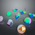 Stone And Wood Geometric Decor Pieces With Colorful Multifaceted Designs And Stands