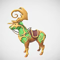 Fantasy Game Character Deer With Curled Golden Antlers Green Body And Decorative Saddle