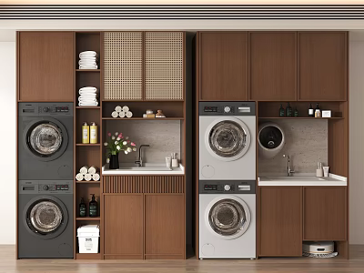 Laundry Room Interior With Stacked Washing Machines Dryers And Storage Cabinets 3d model
