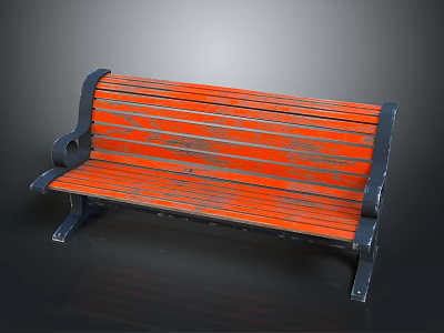 Vintage Outdoor Bench with Orange Wooden Slats and Black Metal Frame 3d model