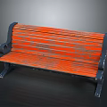 Vintage Outdoor Bench with Orange Wooden Slats and Black Metal Frame