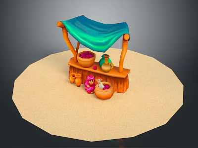 Wooden Market Stall With Blue Canopy Clay Pots Green Jug And Sandy Ground 3d model