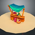 Wooden Market Stall With Blue Canopy Clay Pots Green Jug And Sandy Ground
