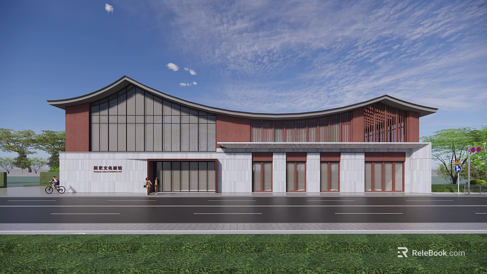 Modern Traditional Tourist Center With Curved Roof Large Glass Windows And Red White Exterior 3d model 