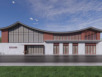 Modern Traditional Tourist Center With Curved Roof Large Glass Windows And Red White Exterior 3d model