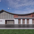 Modern Traditional Tourist Center With Curved Roof Large Glass Windows And Red White Exterior