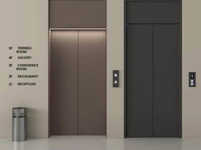 Modern Elevators With Brown And Dark Gray Doors And Floor Function Indicators 3d model