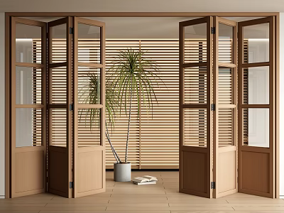 Bright Modern Interior Featuring Wooden Folding Doors Glass Panels And Plant 3d model