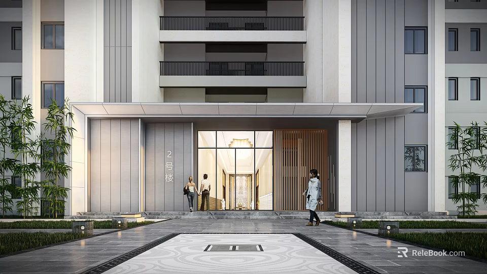 Modern Entrance Gate With Glass Wooden Elements Steps Decorative Pavement And Multi Story Building Balconies 3d model 