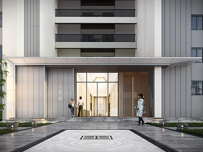 Modern Entrance Gate With Glass Wooden Elements Steps Decorative Pavement And Multi Story Building Balconies 3d model