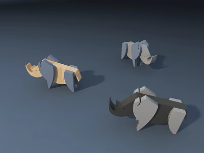 Three Origami Rhino Figurines In Gray And Beige Tones On Blue Surface 3d model