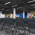 Conference Room With Neatly Arranged Gray Folding Chairs Large Screen And Wooden Walls