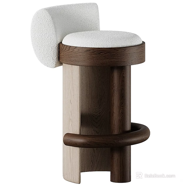 Modern Wooden Bar Stool With White Padded Seat And Curved Armrest Design 3d model 