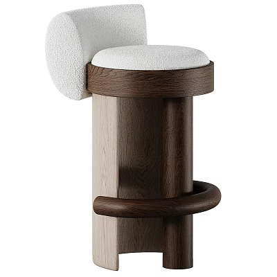 Modern Wooden Bar Stool With White Padded Seat And Curved Armrest Design 3d model