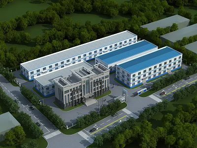 Modern Industrial Factory Building With Blue Roof Greenery Road And Spacious Layout 3d model
