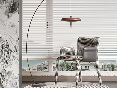 Elegant Modern Leisure Chair With Houndstooth Pattern And Floor Lamp By Window Blinds 3d model