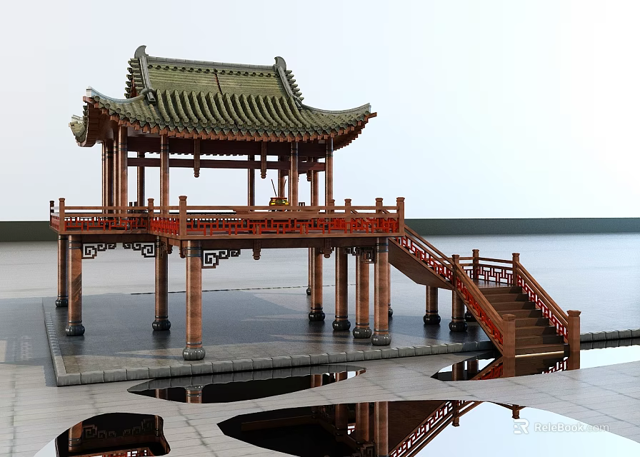 Traditional Chinese Pavilion With Green Roof Red Railings And Water Reflection 3d model 