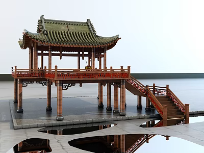 Traditional Chinese Pavilion With Green Roof Red Railings And Water Reflection 3d model