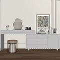 Elegant White Scalloped Dressing Table With Hexagonal Mirror Stool And Framed Artwork 3d model