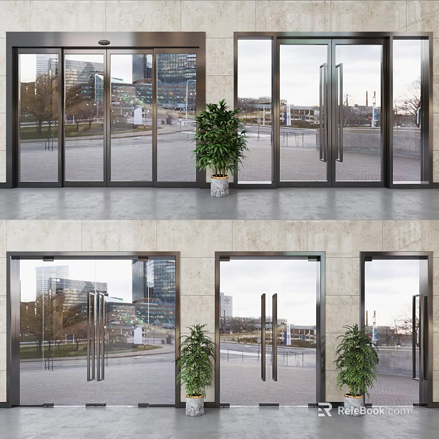 Glass Double Doors In Modern Building With City View And Indoor Plants 3d model 