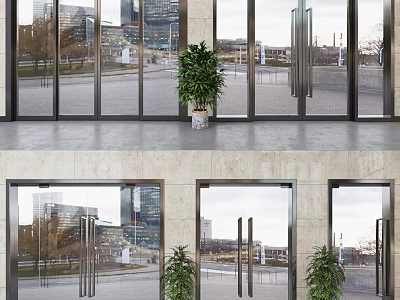 Glass Double Doors In Modern Building With City View And Indoor Plants 3d model